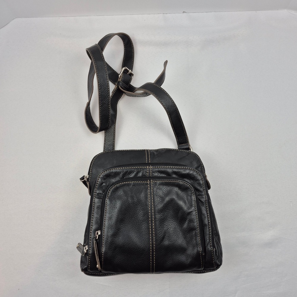 Tignanello Black Pebble Leather Multi‎ Pocket Crossbody Bag Organizer Purse